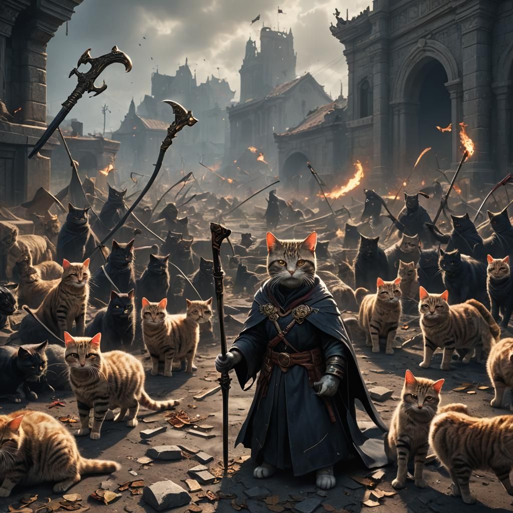 Epic Cat Warrior on Battlefield, Detailed Matte Painting