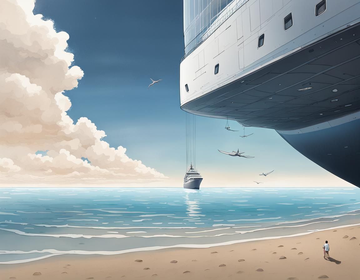 Surreal Floating Sea with Ship Sailing Vertically