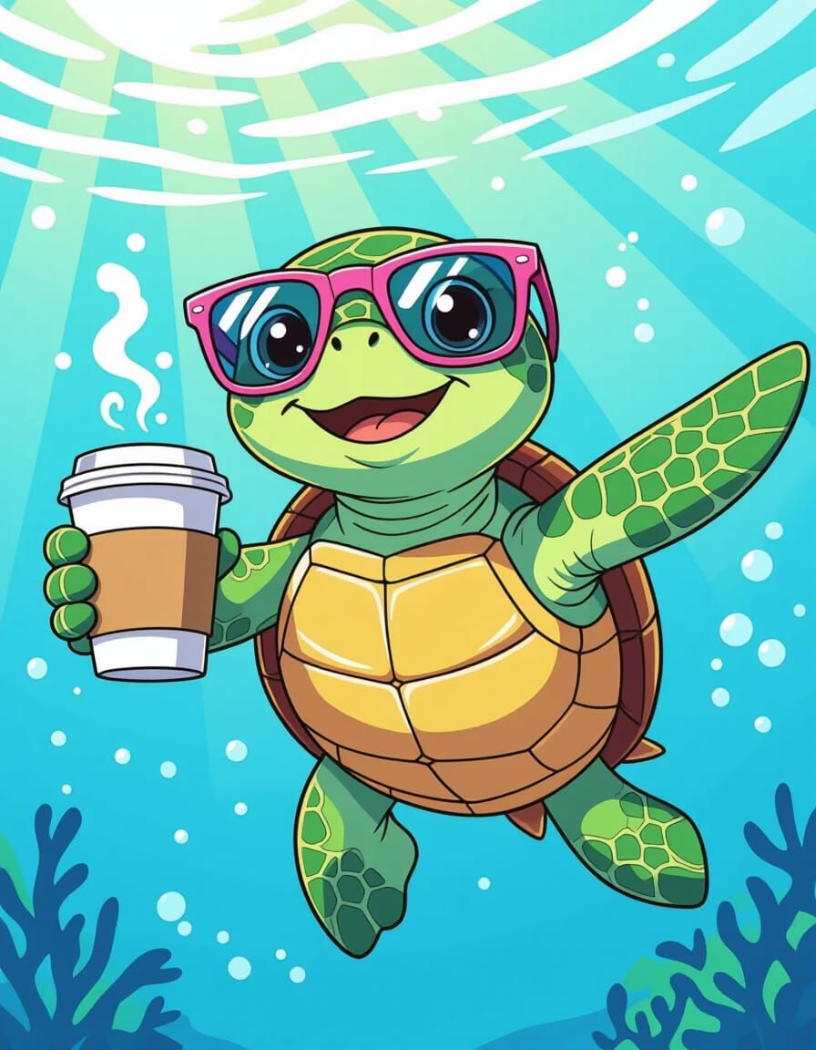 Cute Sea Turtle with Sunglasses and Coffee