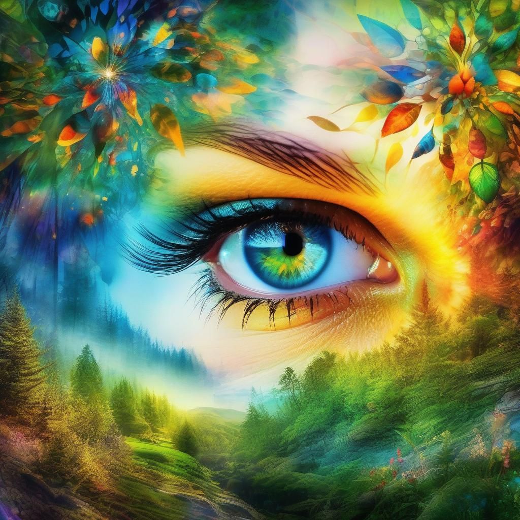 Magical Fairyland in Eyes, Double Exposure Watercolor Art