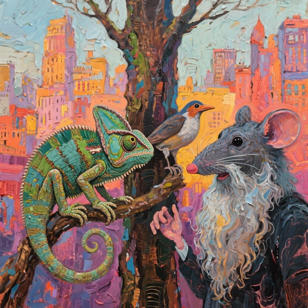 Surreal Council of Animals in Vibrant Cityscape Painting
