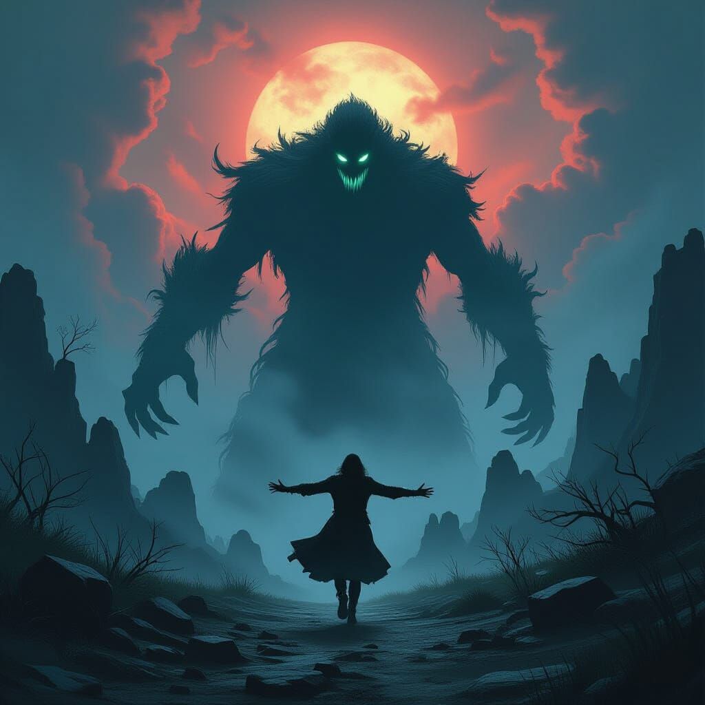 Fearful Figure Flees Unseen Presence in Eerie Landscape