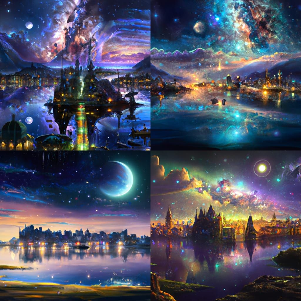 Starry Night Over Cityscape: Digital Triadic Color Art