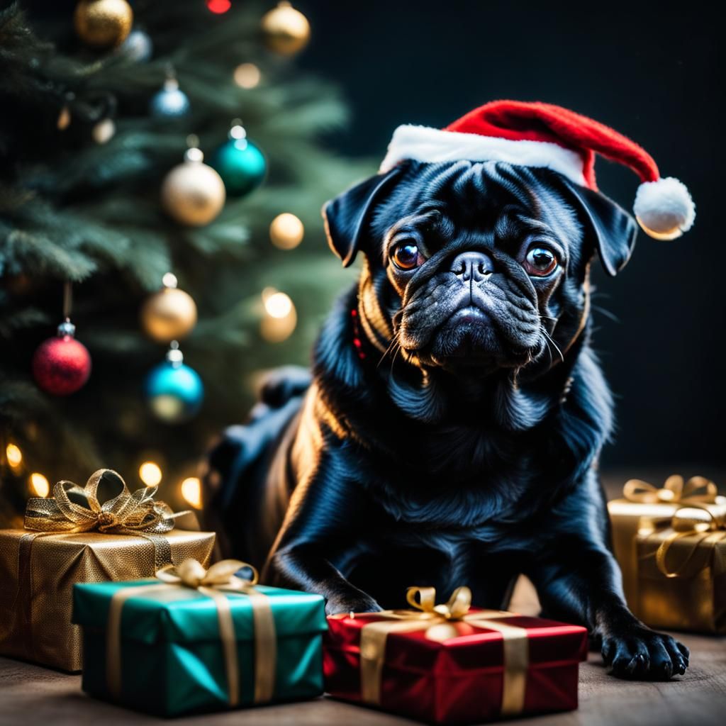 Festive Black Pug Christmas Portrait in Vivid Colors