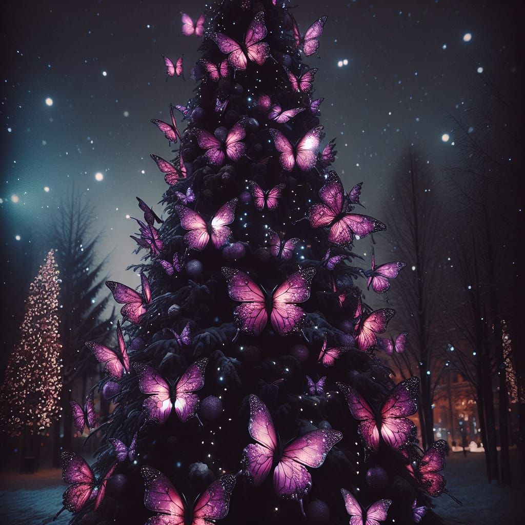Purple Butterfly Christmas Tree at Night