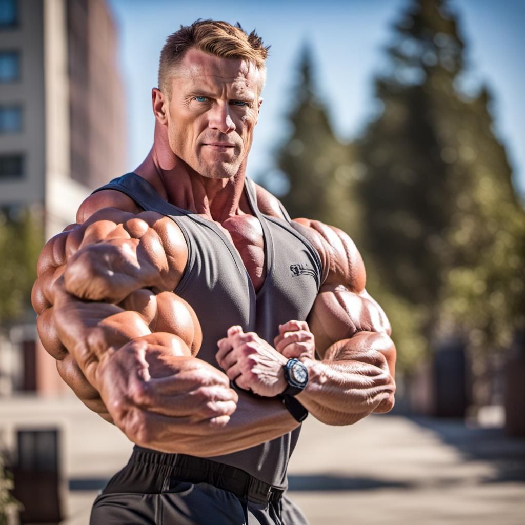 Kit Connor, as a muscular bodybuilder, flexing outside on a ...