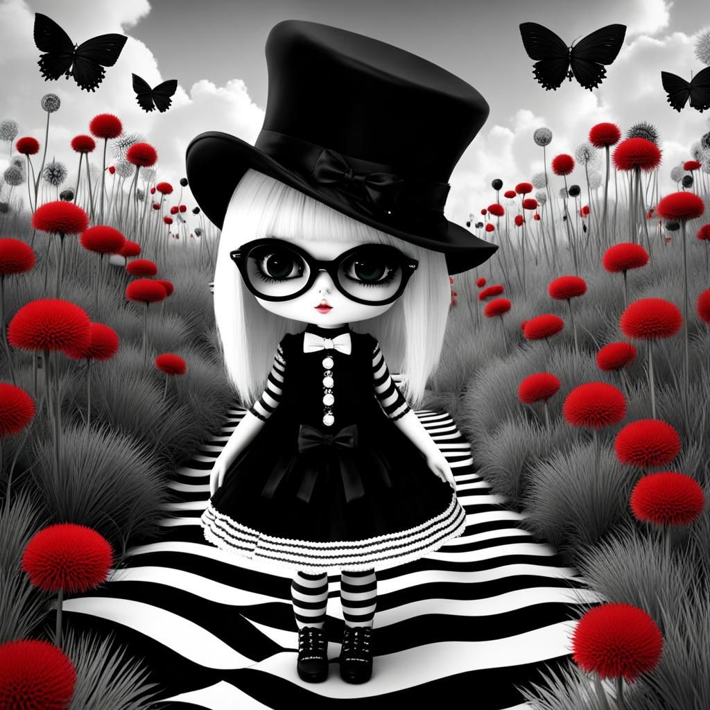 Gothic Cat-Girl Doll in Surreal Dandelion Field