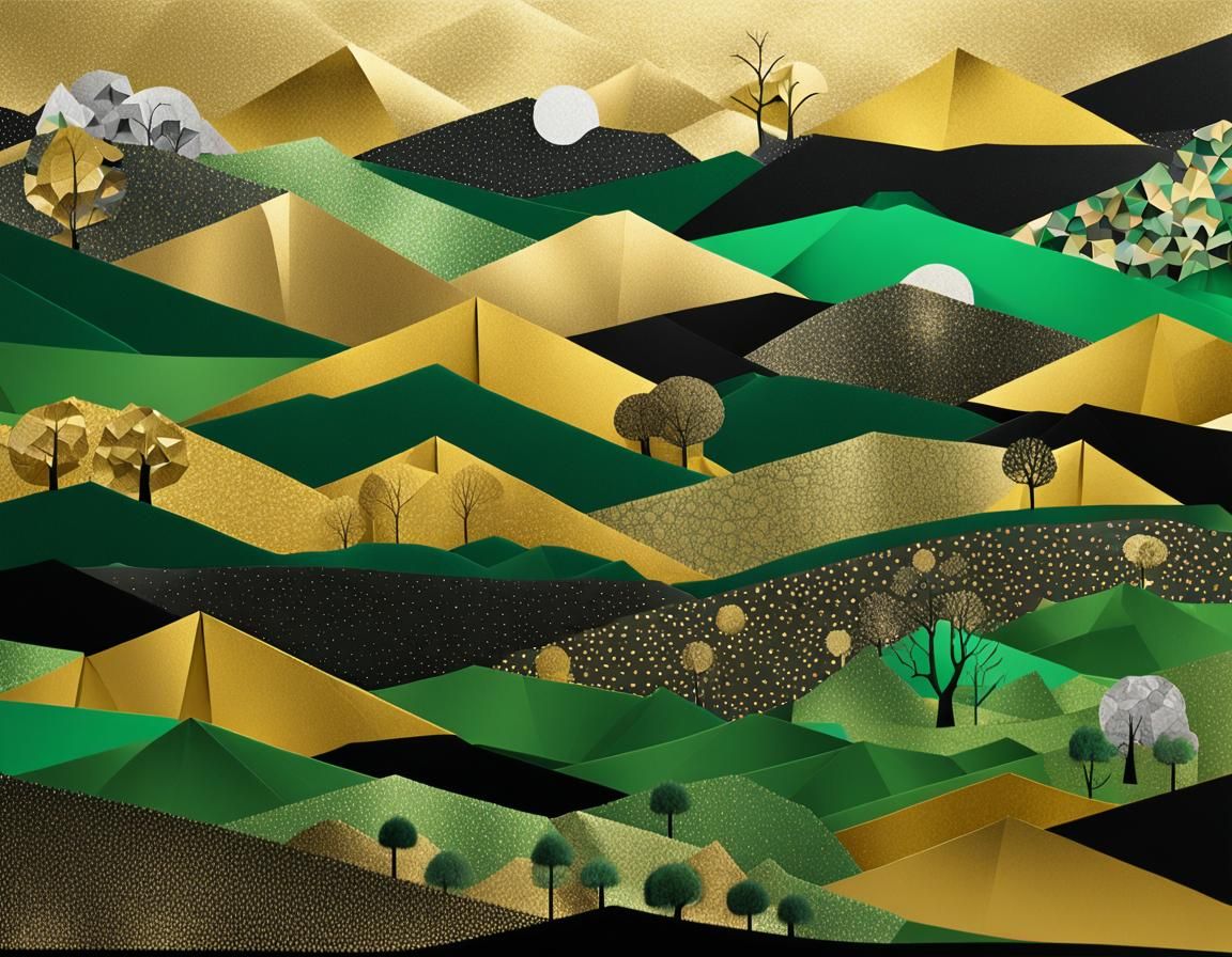 Ornate Origami Landscape with Golden Accents