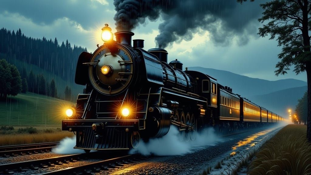 Vintage Locomotive in Stormy Night, Surreal Lighting