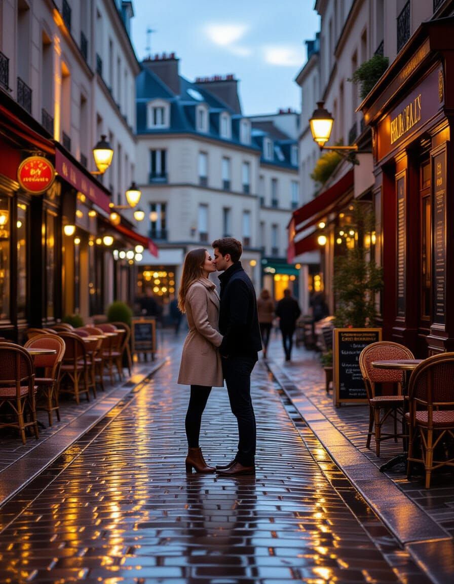 Parisian Couple Shares Tender Kiss at Dusk Cafe