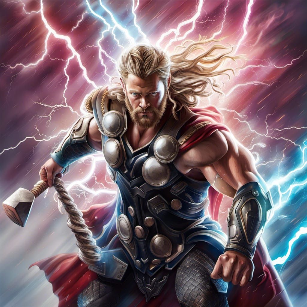 Thor with Axe, Hyperrealistic Lightning God