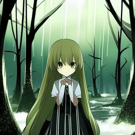 Anime Schoolgirl Crying in Rainy Forest Hotel
