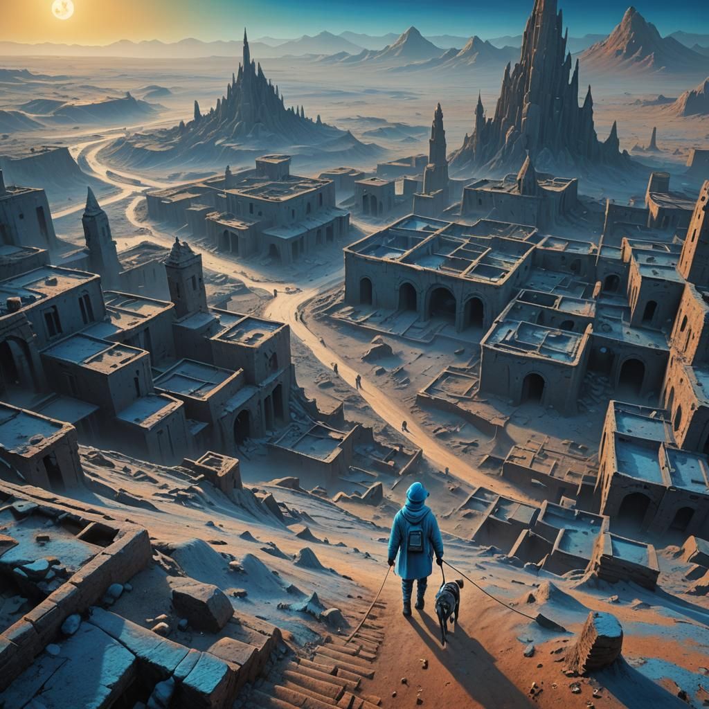 Alien Walks Moon Dog in Surreal Lunar City