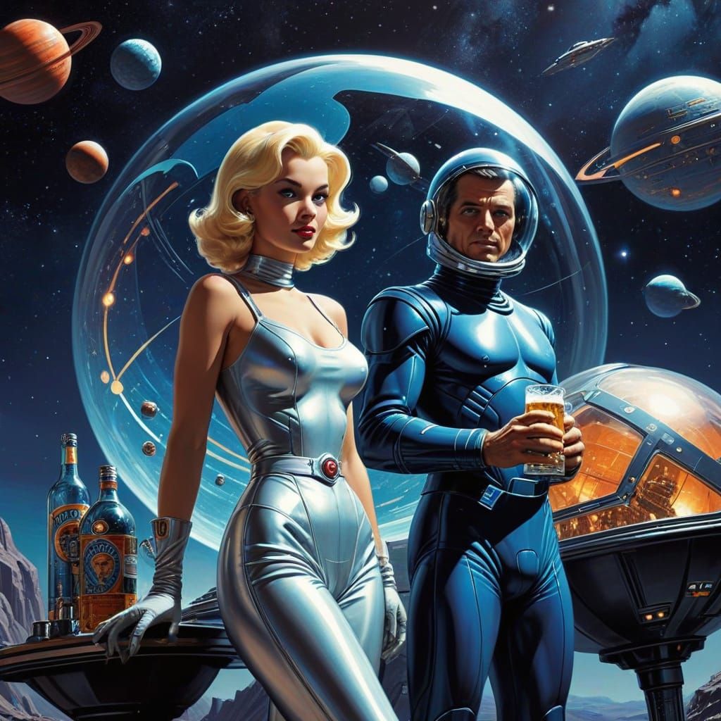 Humanoid Star Creatures in Retro-Futuristic Cosmic Scene