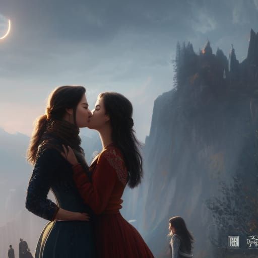 Two Women Kissing with Engagement Ring, Neo-Impressionism