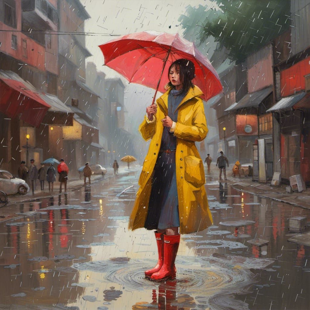 Mesmerizing Woman Splashing in Puddles Under Rain Clouds