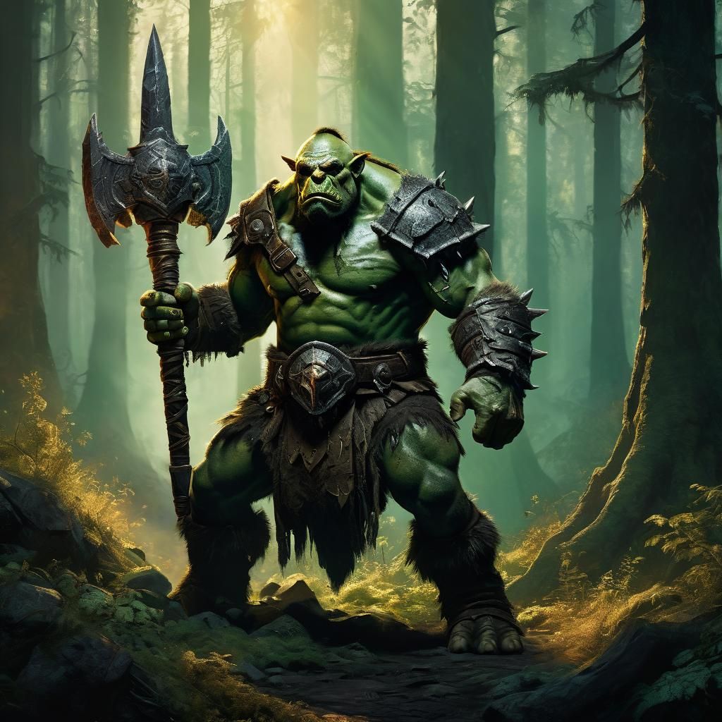 Fantasy Orc Warlord in Dark Mystical Forest, Oil Painting St...