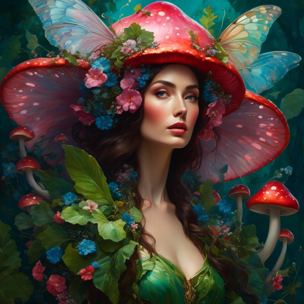 Mushroom Fairy Portrait in Bright Vivid Colors