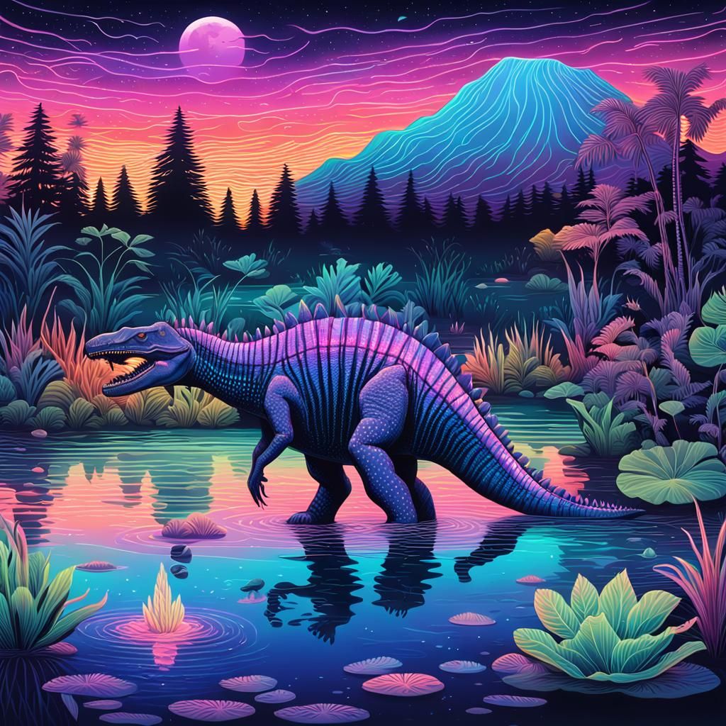 Spinosaurus Swimming at Dusk in Holographic Astral Style