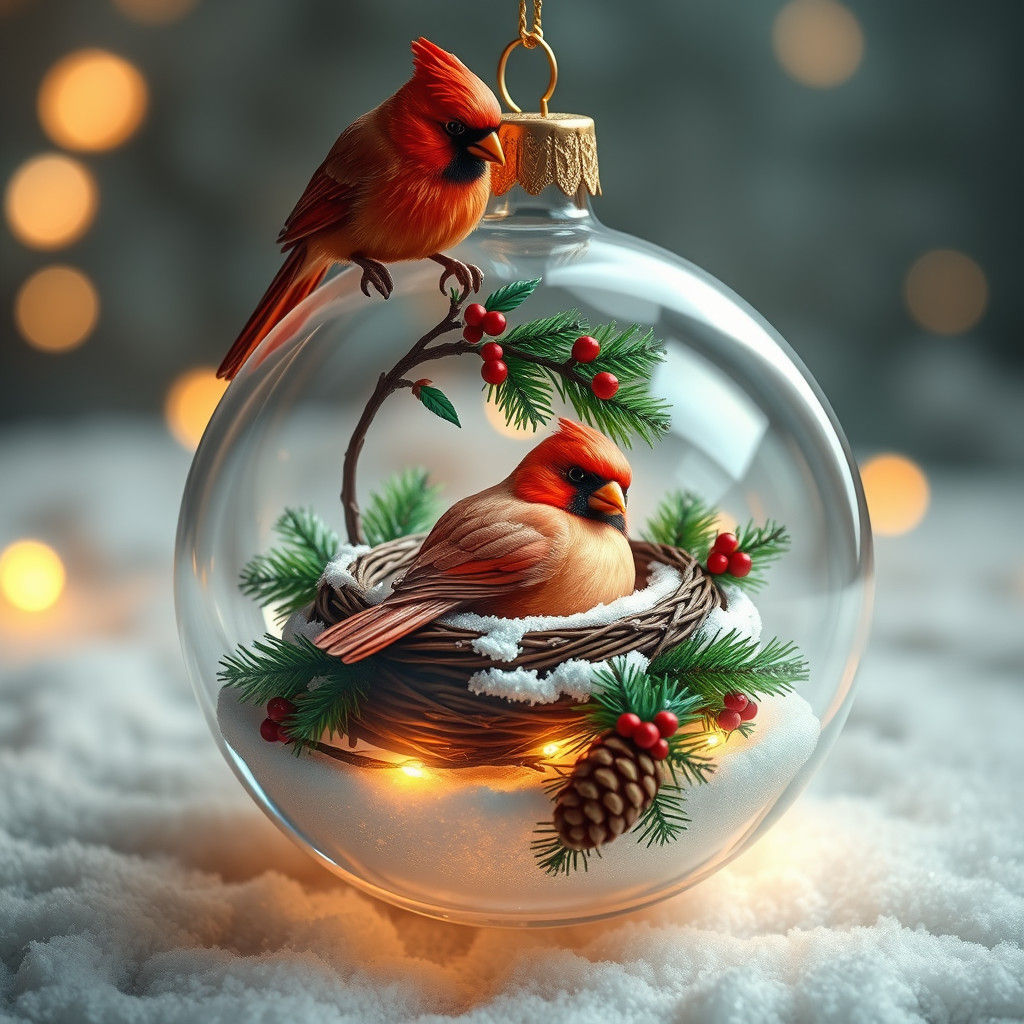 Christmas Ornament with Bird in Thomas Kinkade Style
