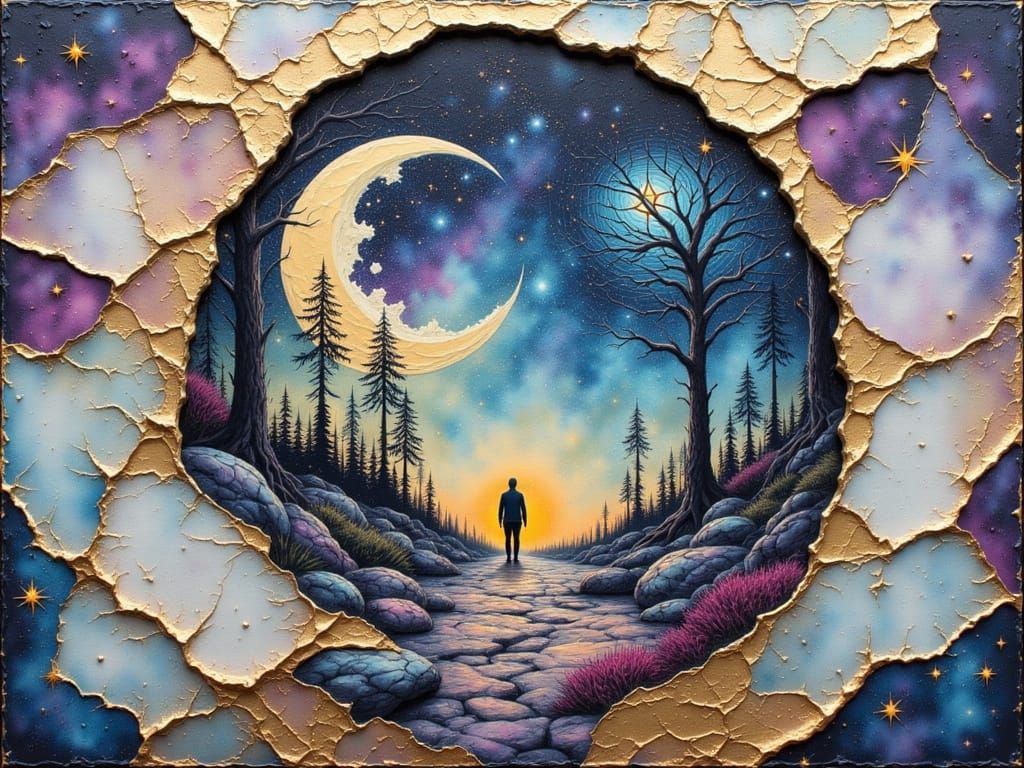 Zen Dreamscape With Gold Outlines in Chinese Watercolor Styl...