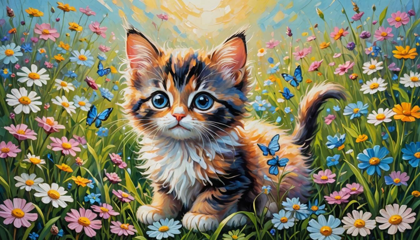 Fairy Kitten in Flowery Meadow: Expressionist Oil Painting