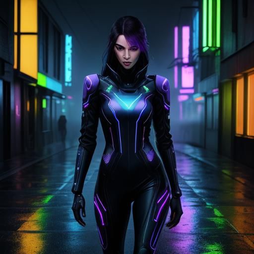 Neon Cyberpunk Woman in Rain-Soaked Alley