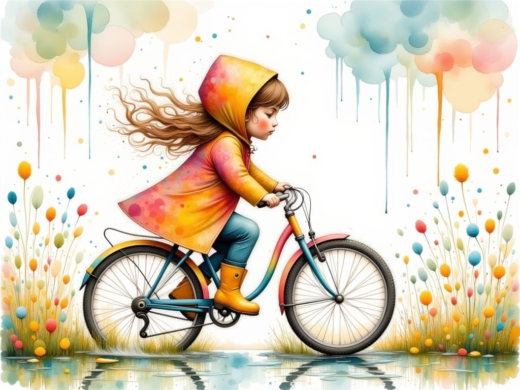 Girl on Bicycle in Rainy, Whimsical Watercolor Style