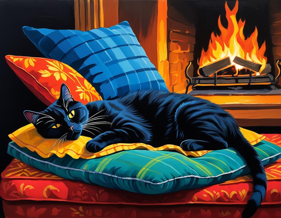 Vivid Gouache Painting of a Sleepy Cat