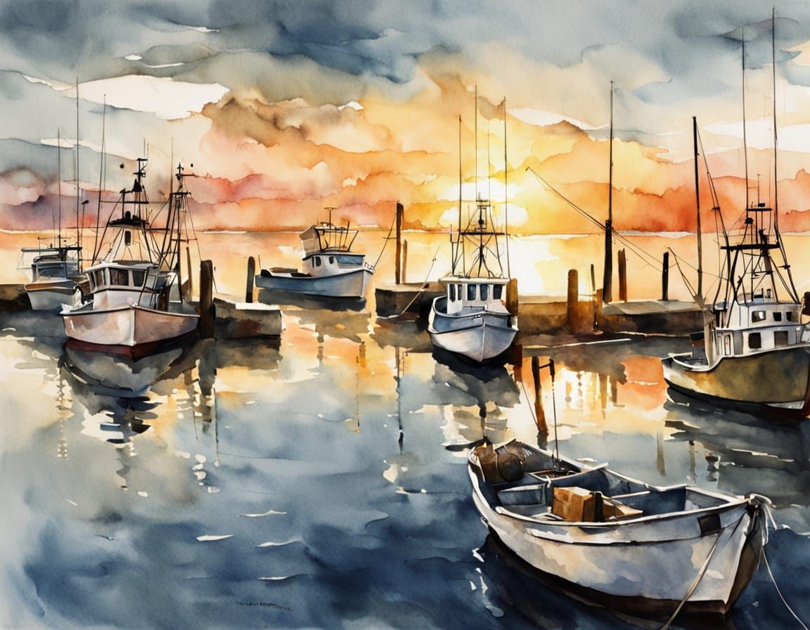 Harbor at Sunset with Fishing Boats in Watercolor