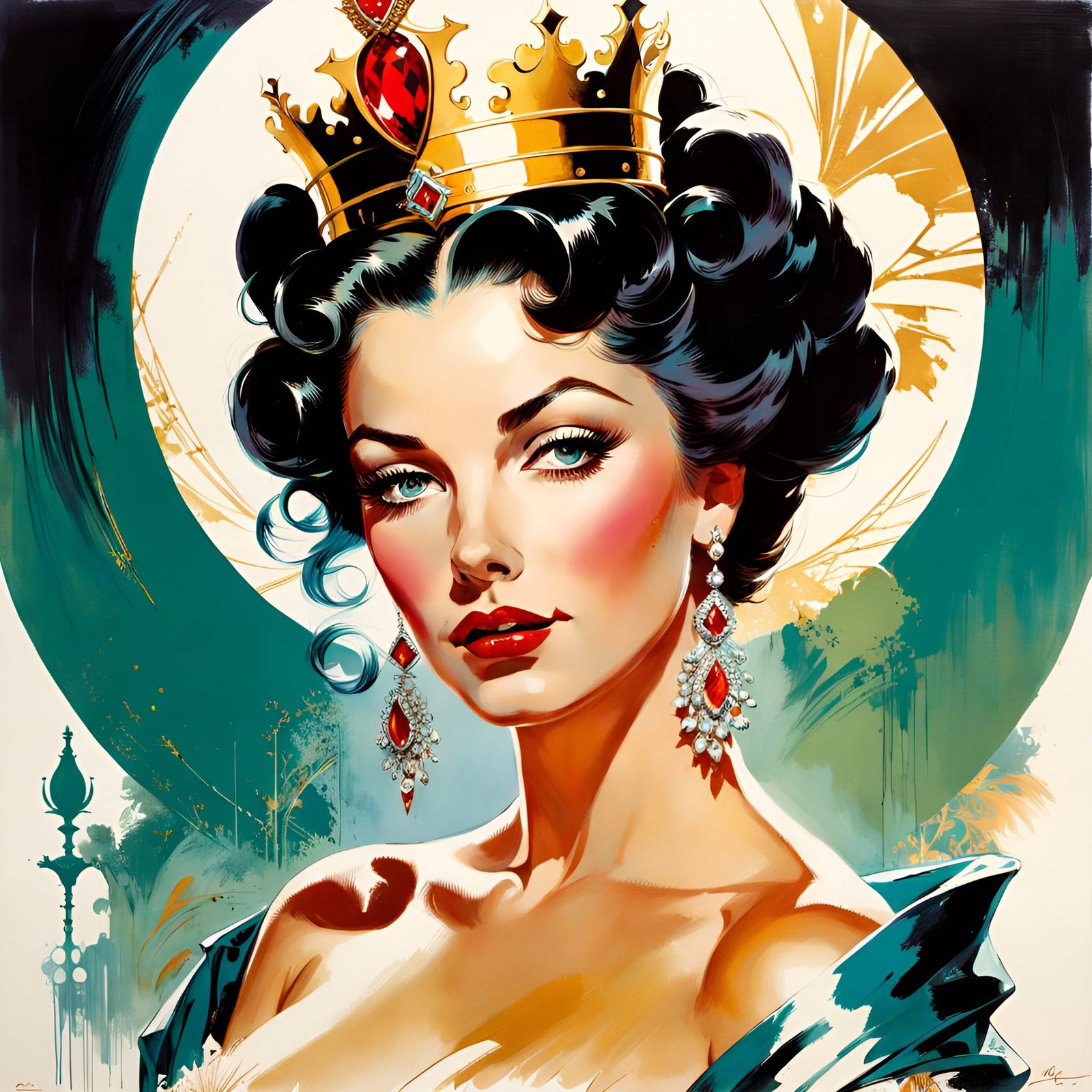 Elegant Queen in Pin-Up Illustration Style