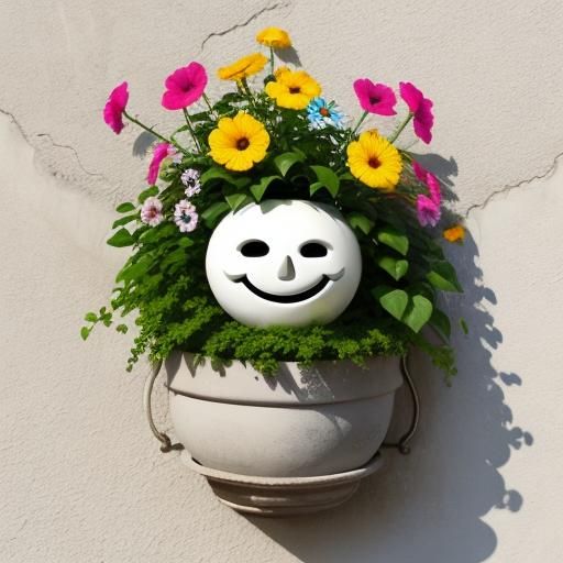 Smiling Clay Pot with Flowers on Stucco Wall