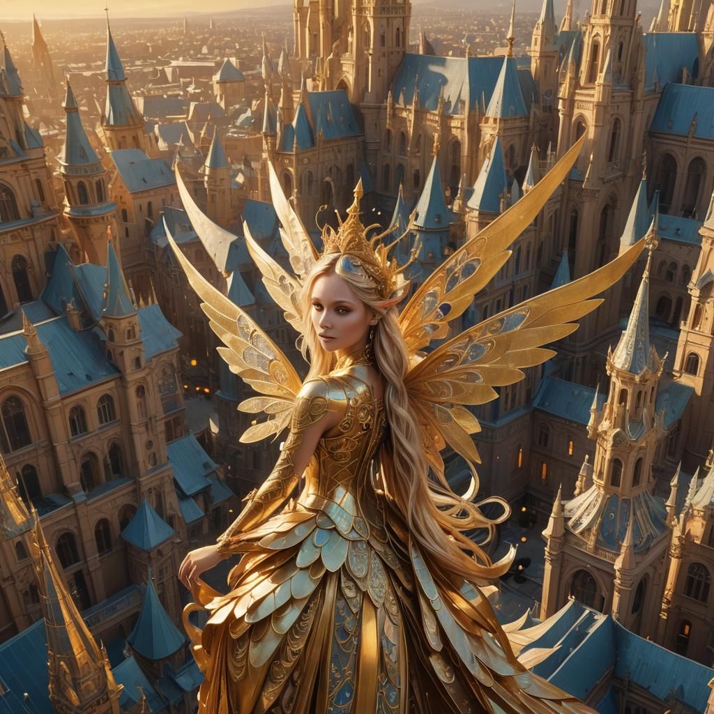 Golden Fairy Queen in Ornate City, Fantasy Art