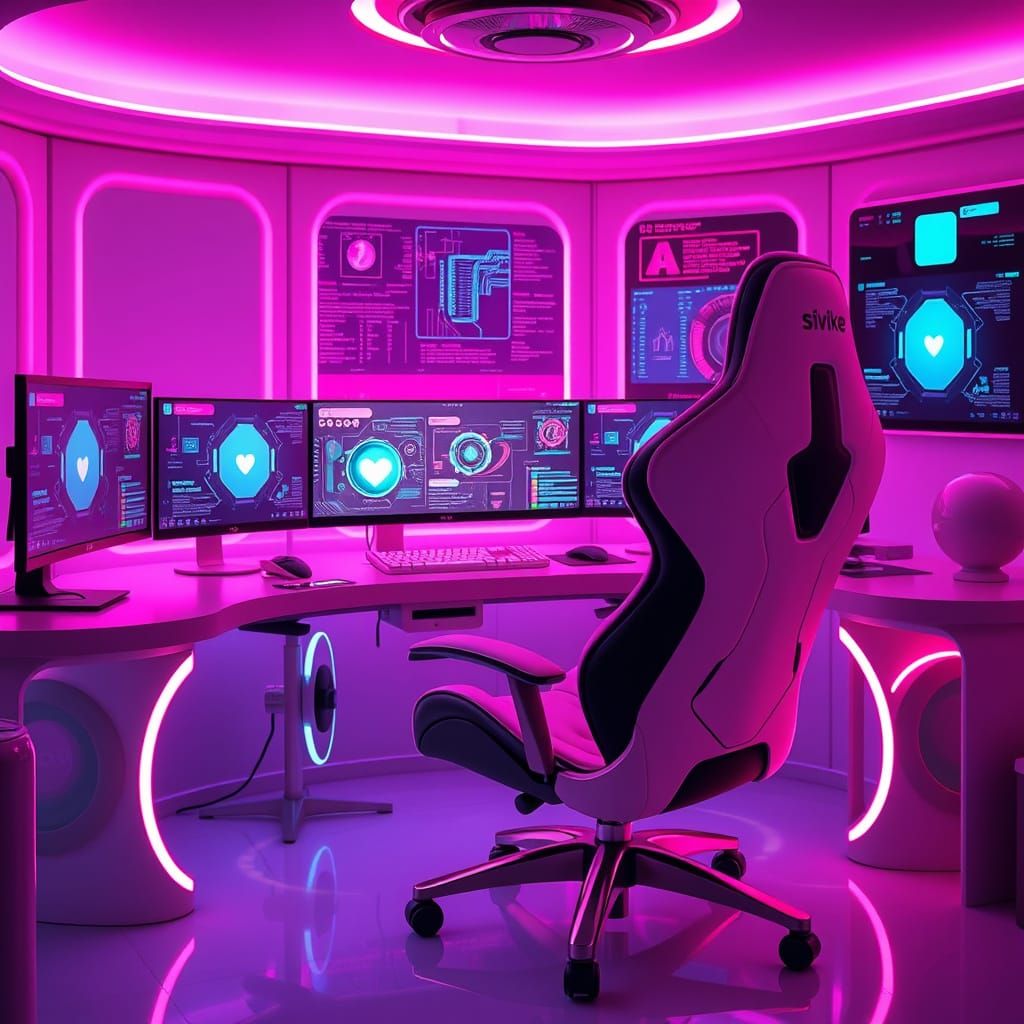 Futuristic Coquette Hacker Bedroom in Dreamy Lighting