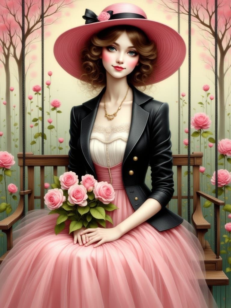 Elegant Woman in Pink Hat: Fashion Illustration