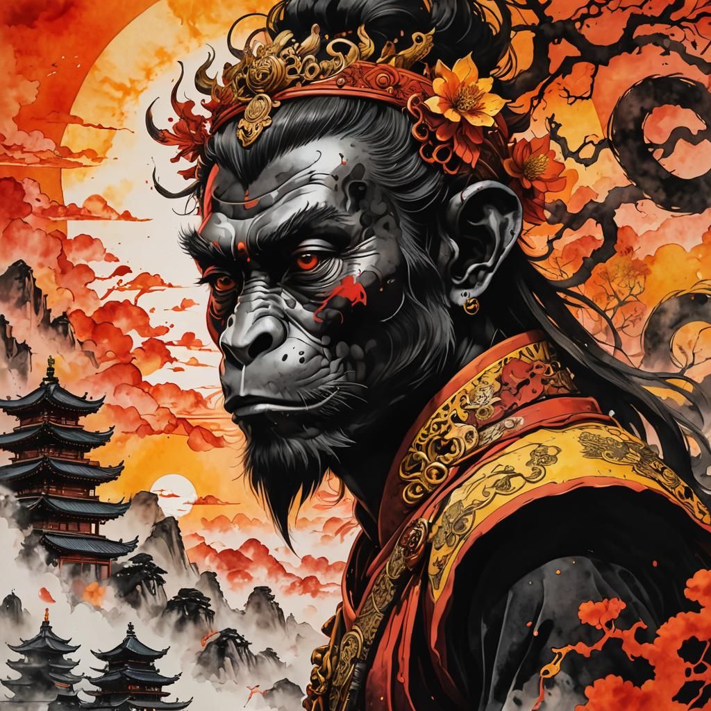 Monkey King Silhouette in Double Exposure Art