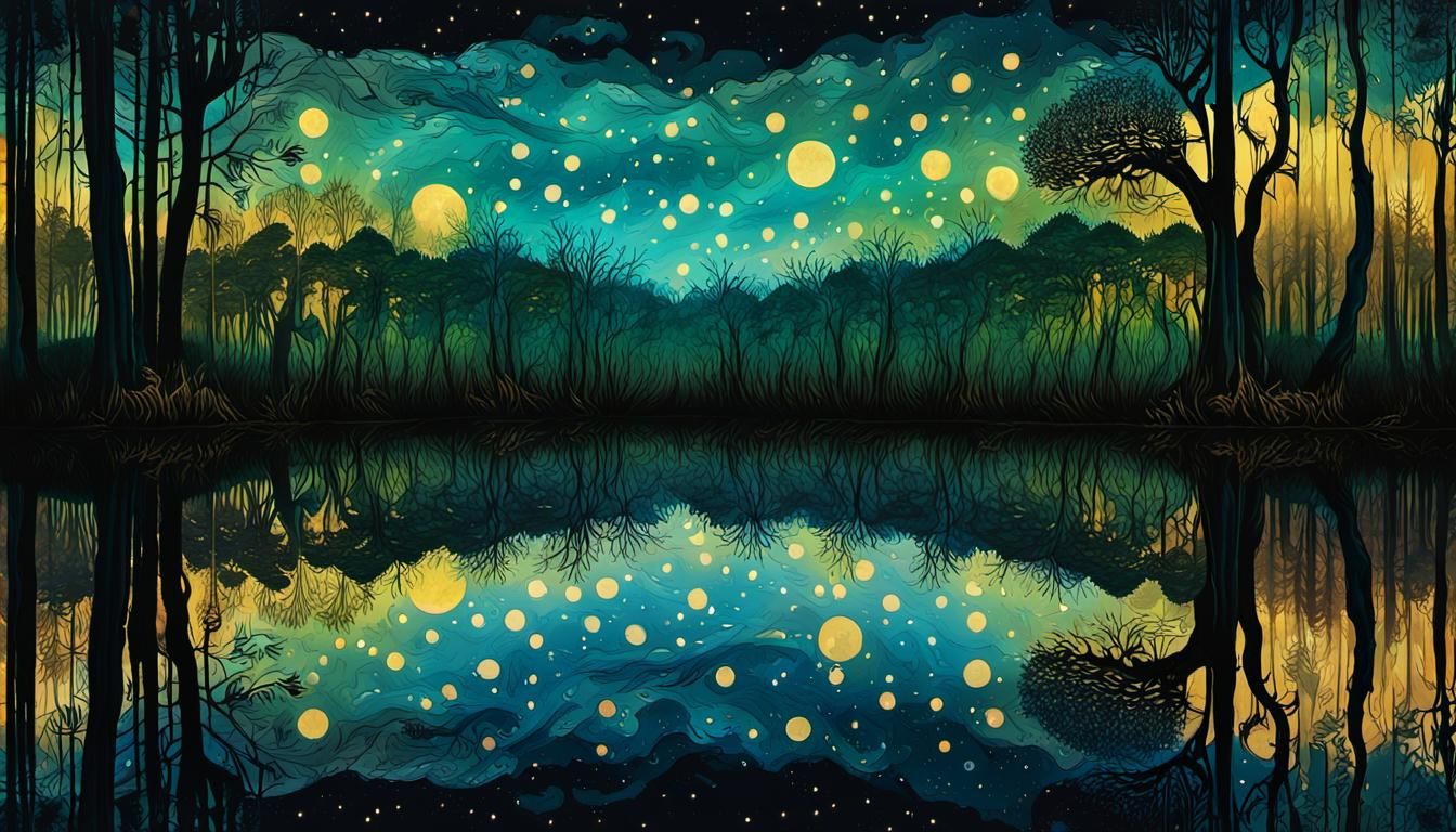 Magical Swamp Reflection in Gouache with Gildings