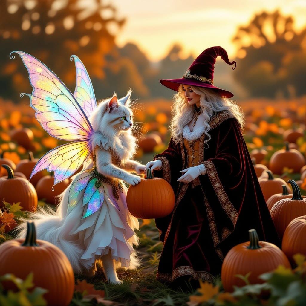 Fairy Cat and Shopkeeper in Golden Hour Pumpkin Patch