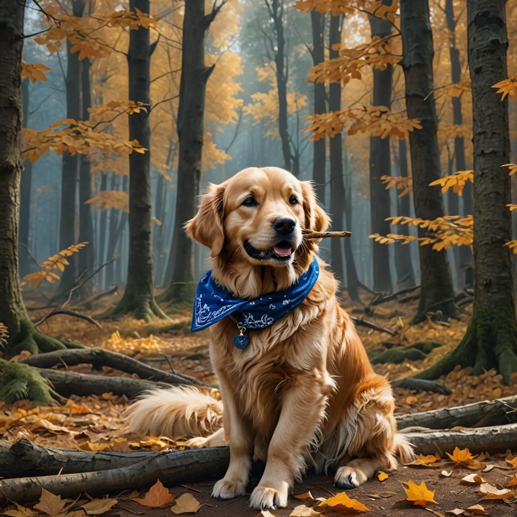 Golden Retriever in Autumnal Forest, Digital Art