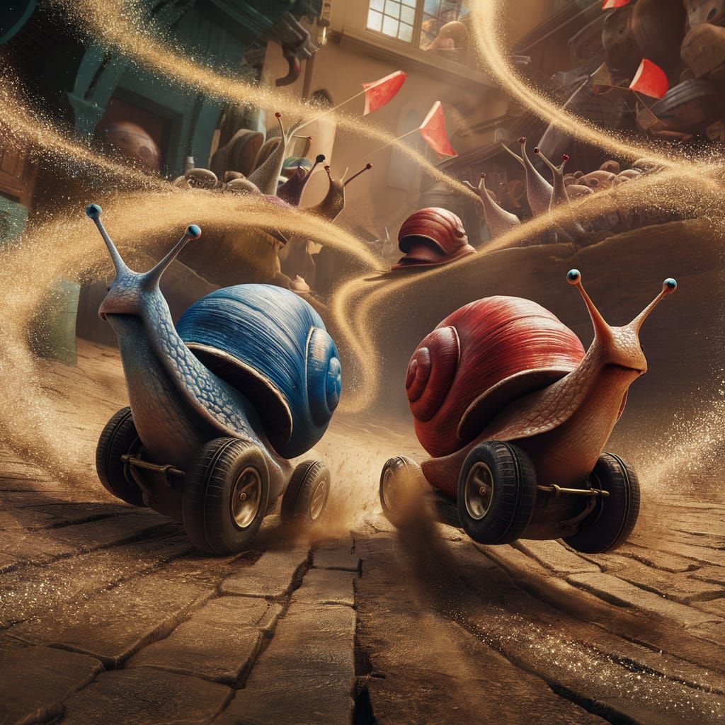 Racing Snails on Wheels in a Lively Scene
