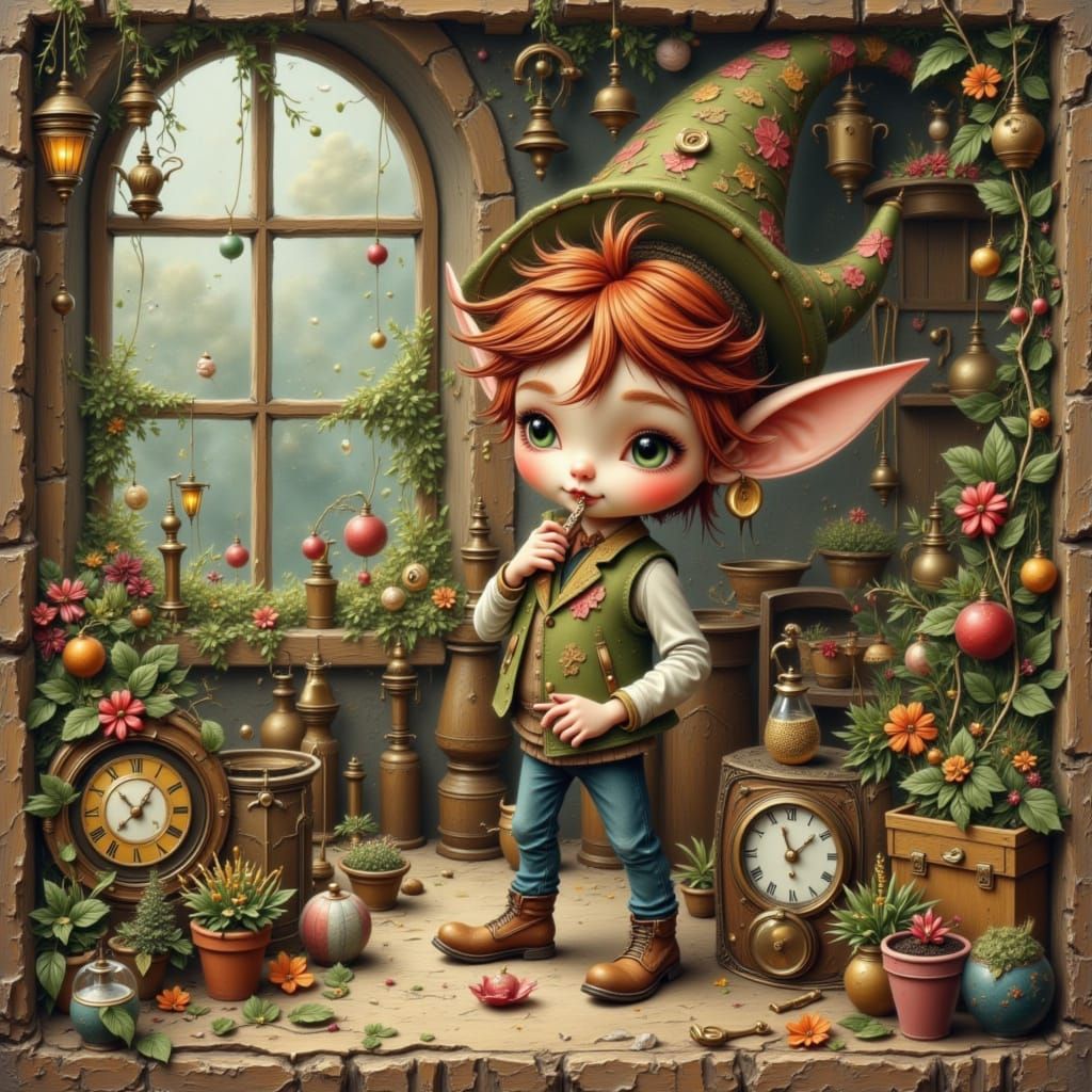 Dobby Tending Clockwork Garden in Cozy Workshop