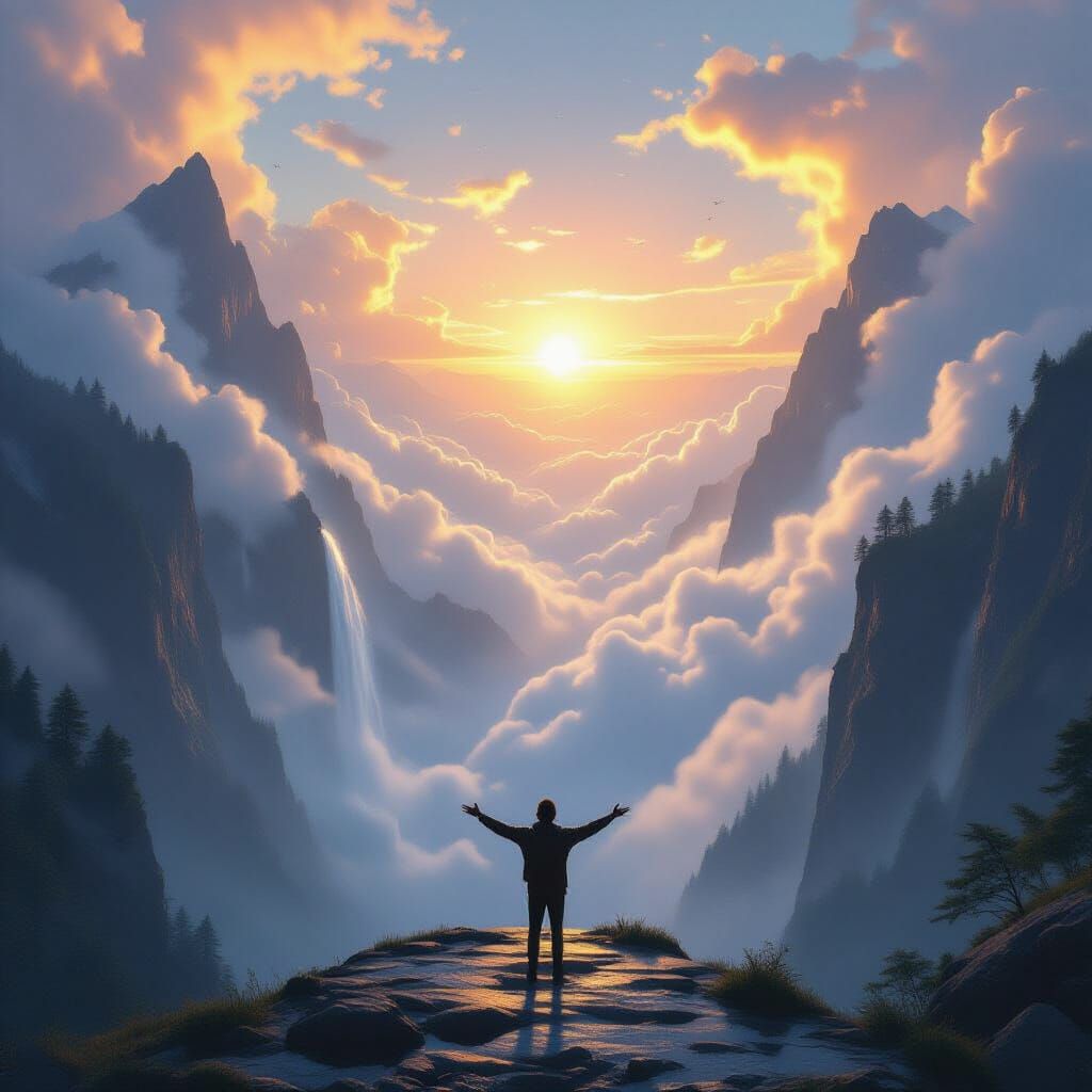 Figure Gazing at Sunrise Valley in Cinematic Light