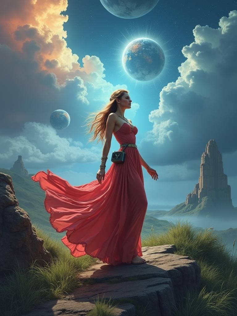 Cosmic Woman Among Stars in Retro-Futuristic Style