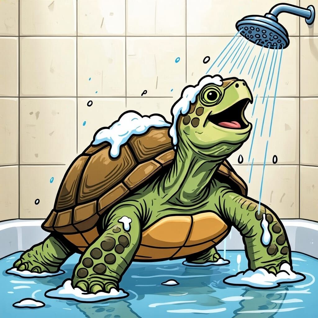 Turtle's Shower Serenade: A Comic Illustration