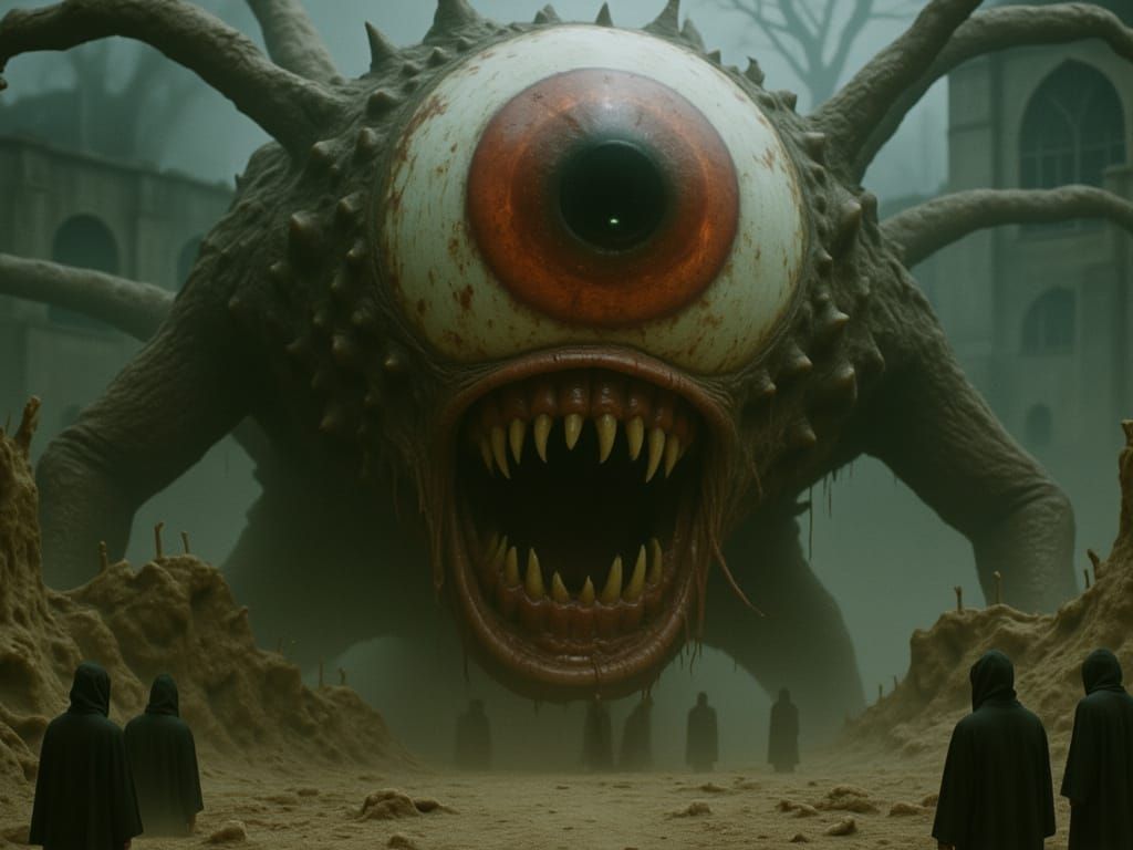 Menacing Biomechanical Eyeball with Dystopian Landscape