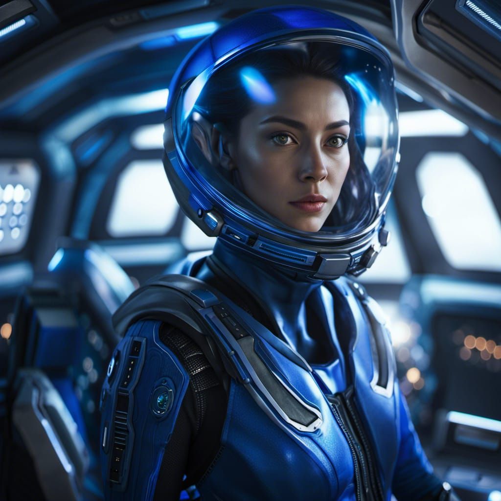 Detailed Portrait of a Blue Alien in Spaceship