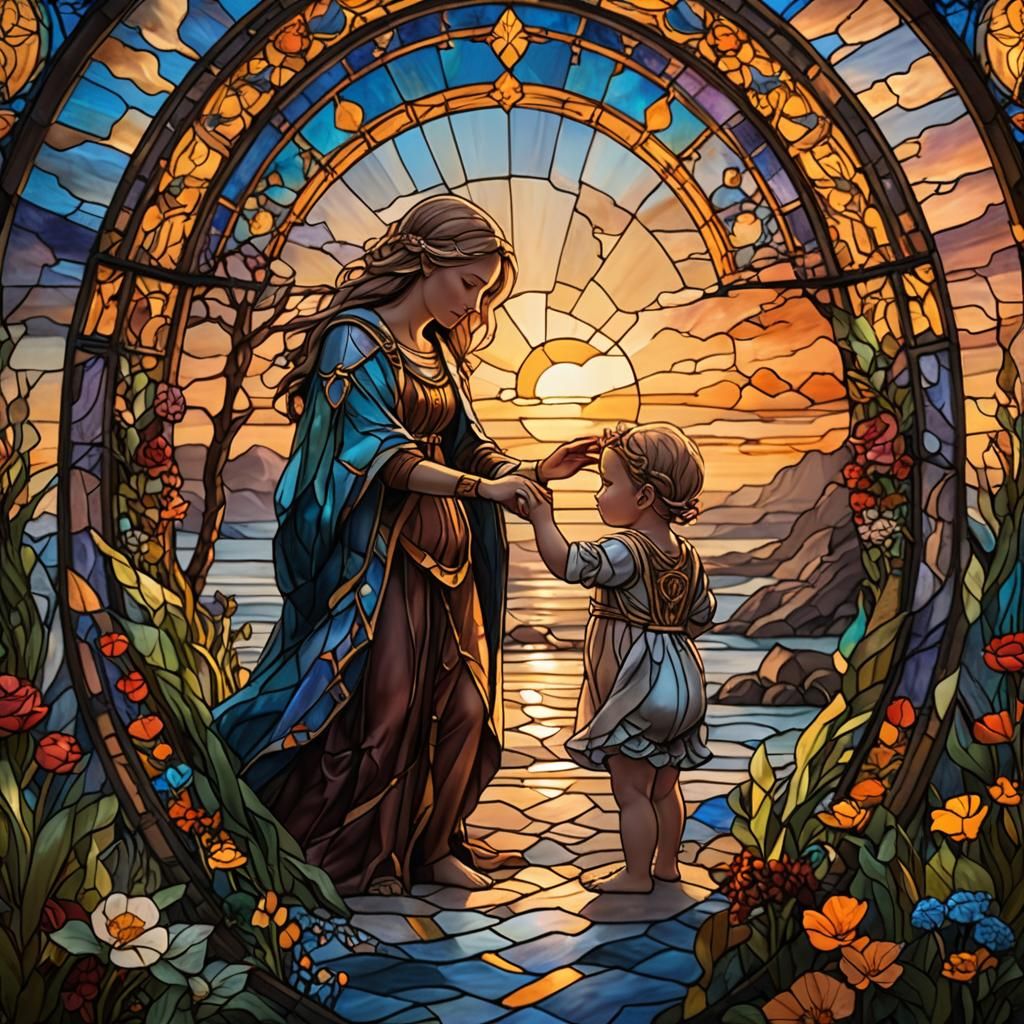 Mother and Baby in Stained Glass Style