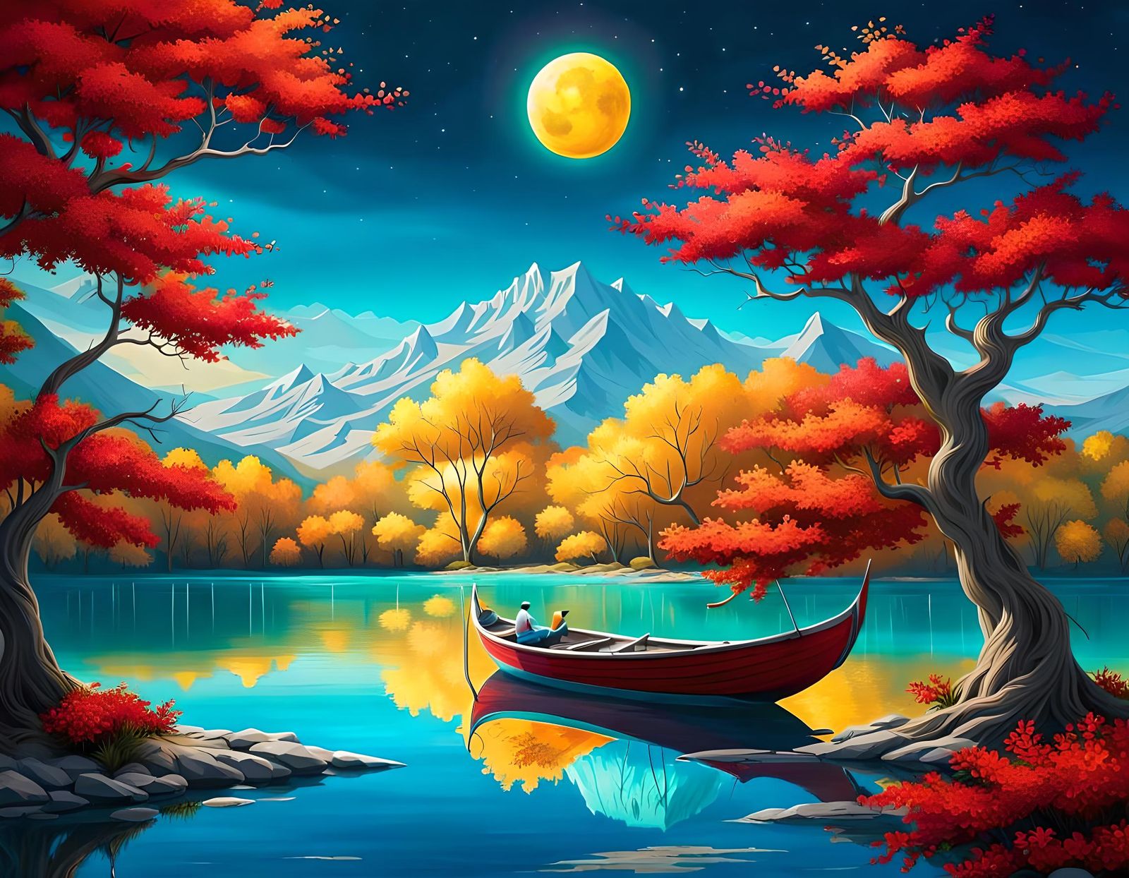 Landscape with Red Boat and Yellow Planet