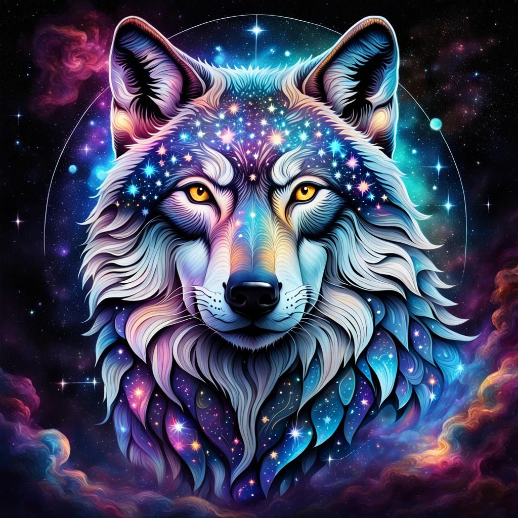 Cosmic Wolf Astral Illustration in Mixed Media