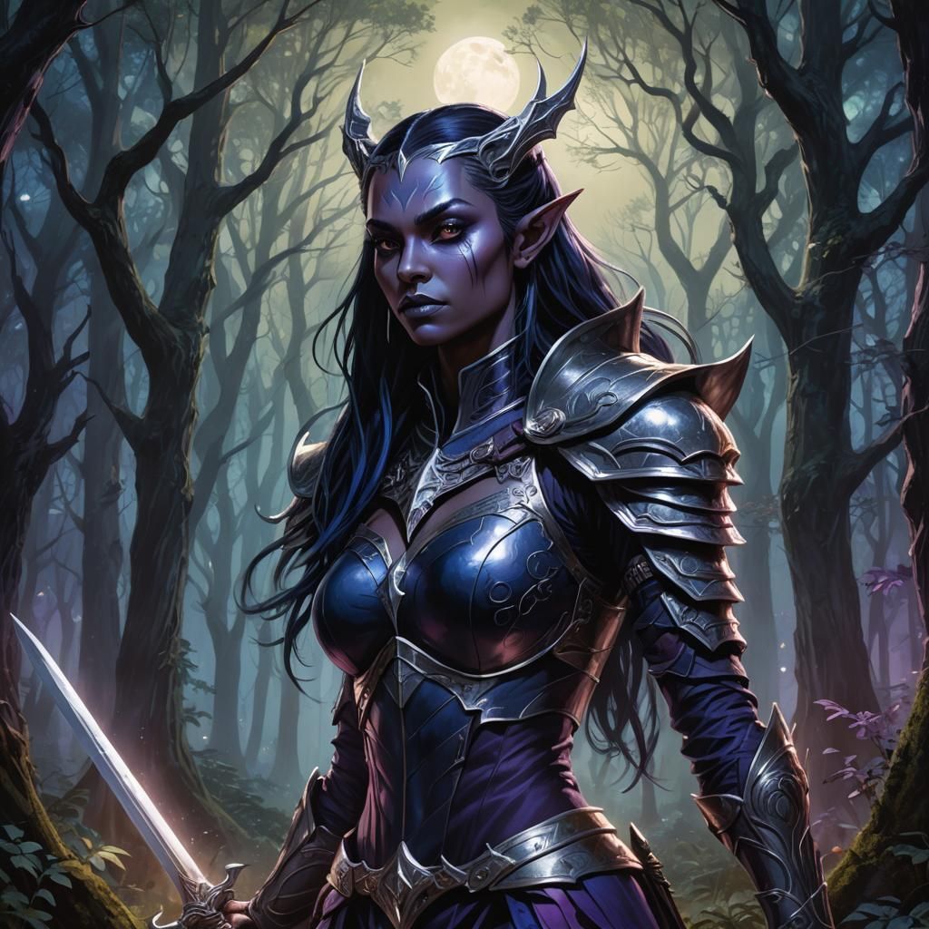 Dark Elf Woman with Swords in Moonlit Forest